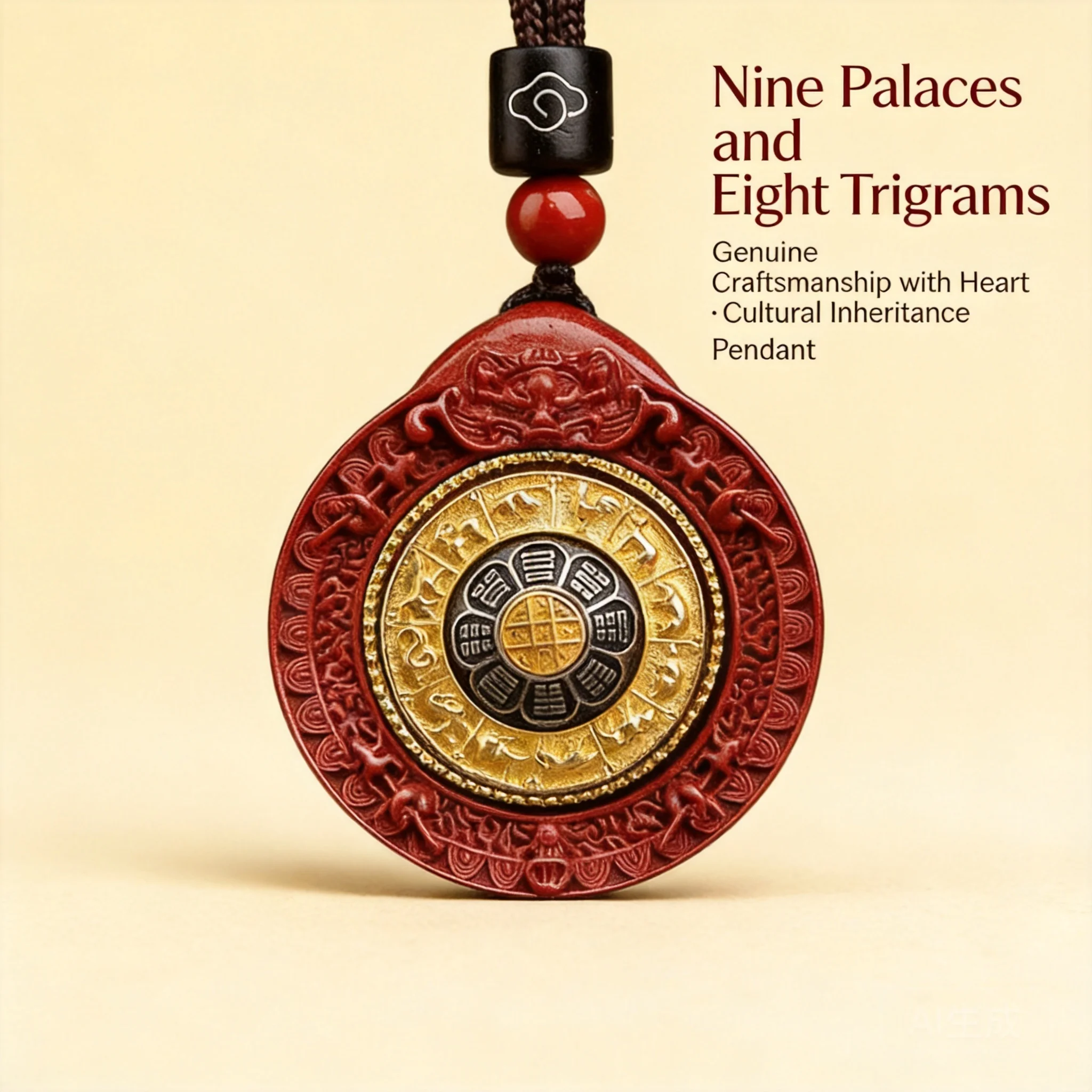 

Chinese Style Natural Cinnabar Rotatable Nine Palaces Bagua Pendant 12 Zodiac Lucky Blessing Good Fortune Amulet For Men Women