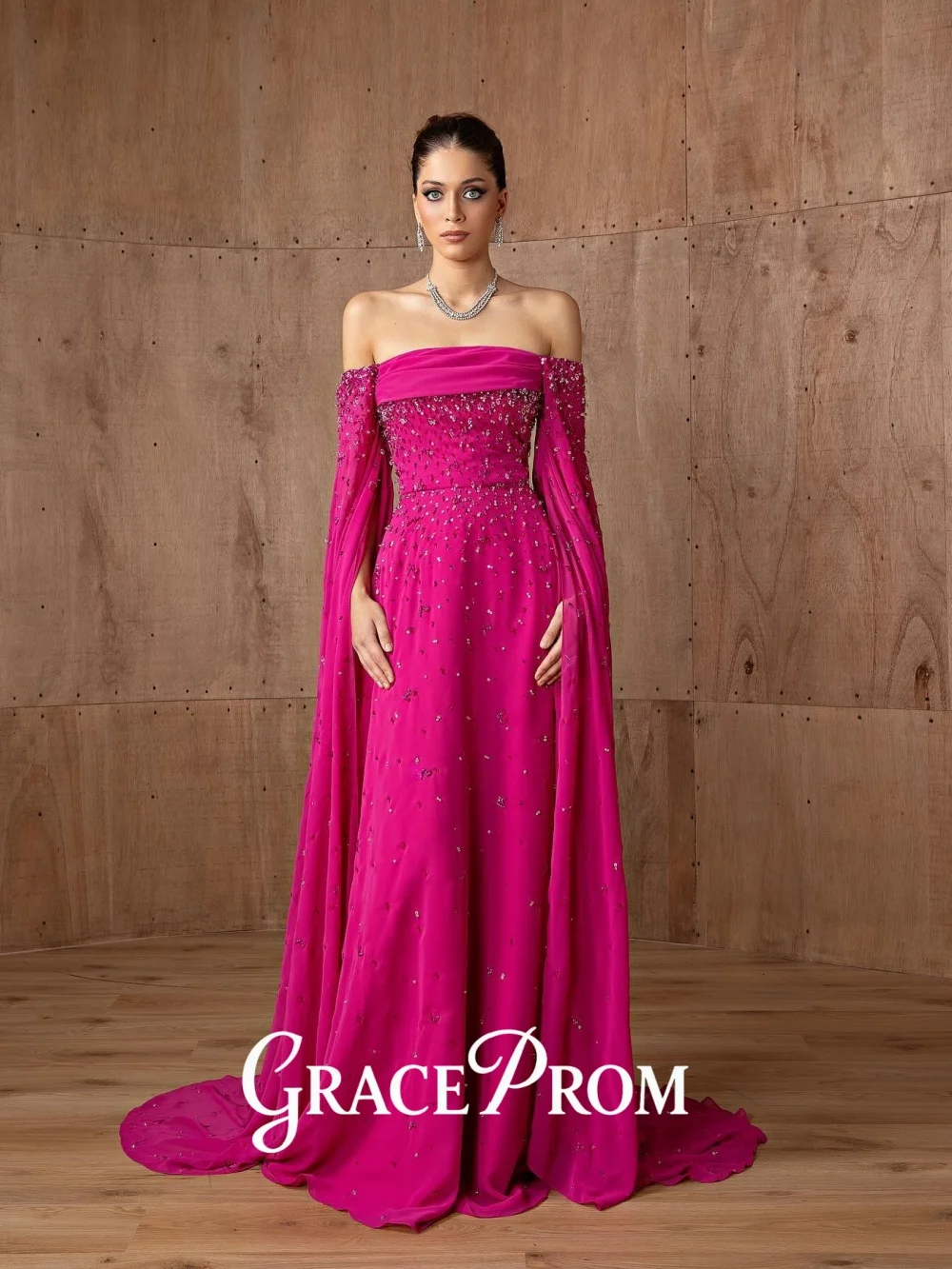 

GraceProm Fuchsia Off-Shoulder Beaded Chiffon Evening Dress With Cape Sleeves Premium Red Carpet Gown Chic Floor-Length Party