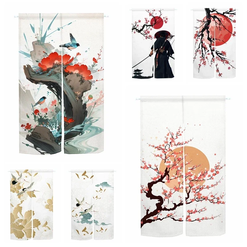 Japanese Noren Split Door Curtains Bird Flower Print Bedroom Traditional Pattern Partition Kitchen Linen Hanging Half Curtains
