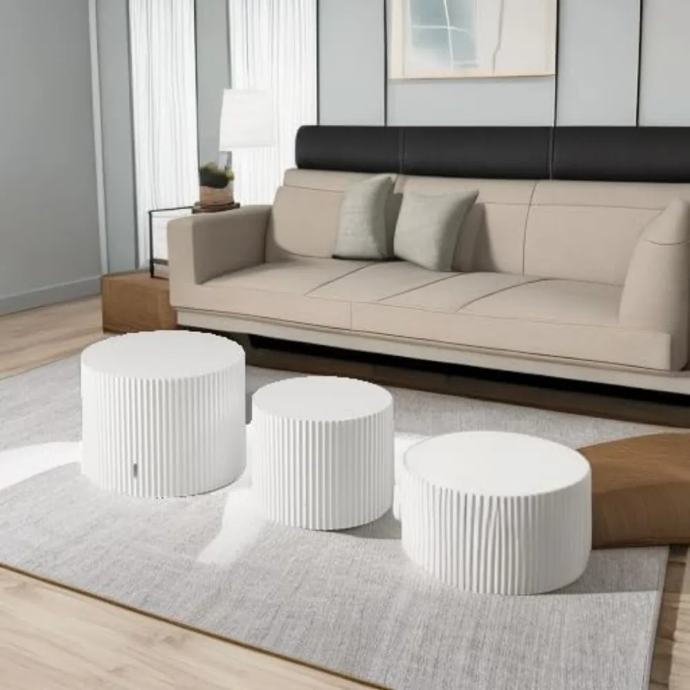 Modern White Round Nesting Coffee Table Set of 2 for Living Room - Contemporary Drum Style Wood Circle Side Tables