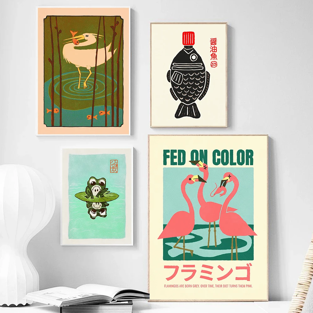 Minimalist Animals Exhibition Poster Playful Circle Of Life Flamingos Frog Prints Canvas Wall Art Picture Home Living Room Decor