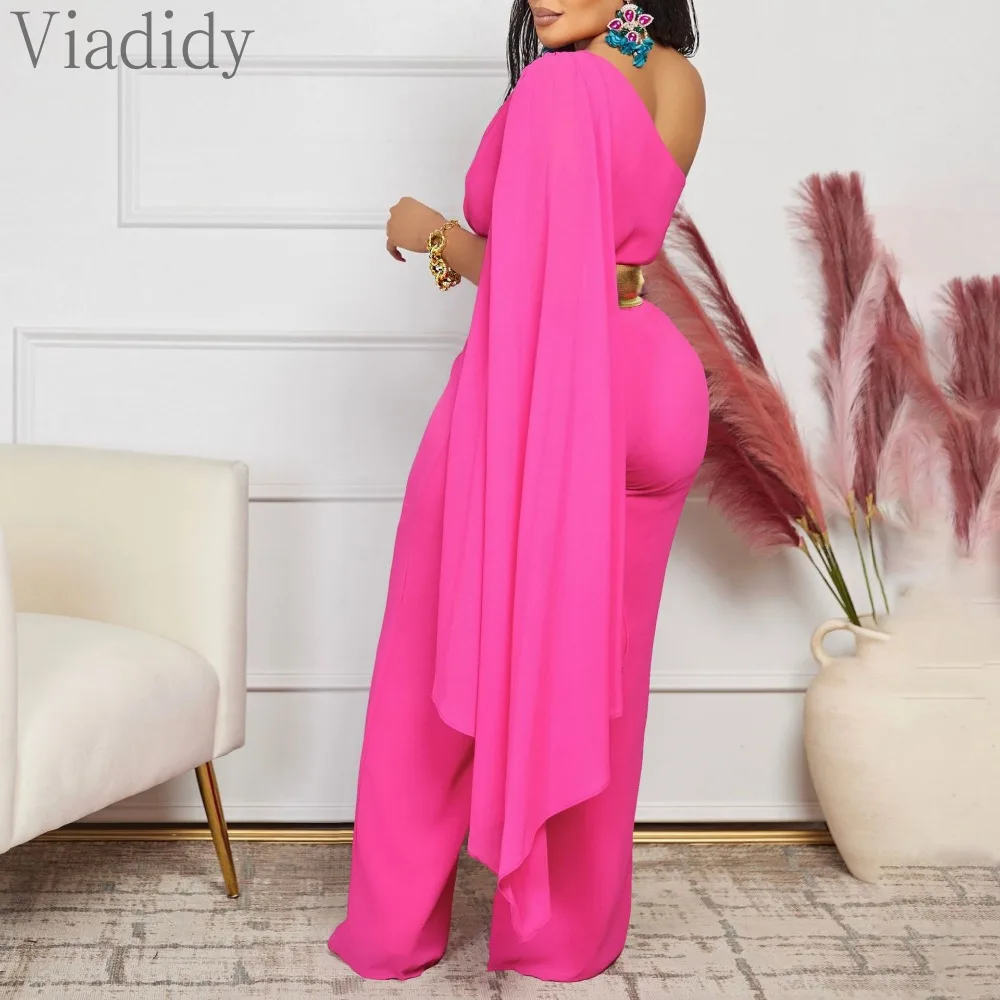 Women Elegant Solid Color One Shoulder High Waist Wide Leg Jumpsuits with Belt