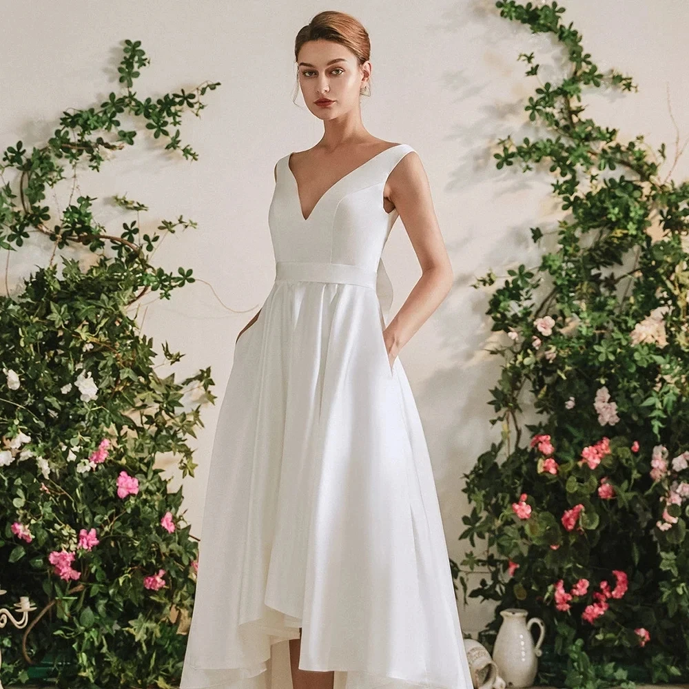 Simple V Neck Wedding Dresses 2026 Hi-Low Open Back Sleeveless Bride Dress Satin Bow Bridal Party Grown Vestidos De Novia