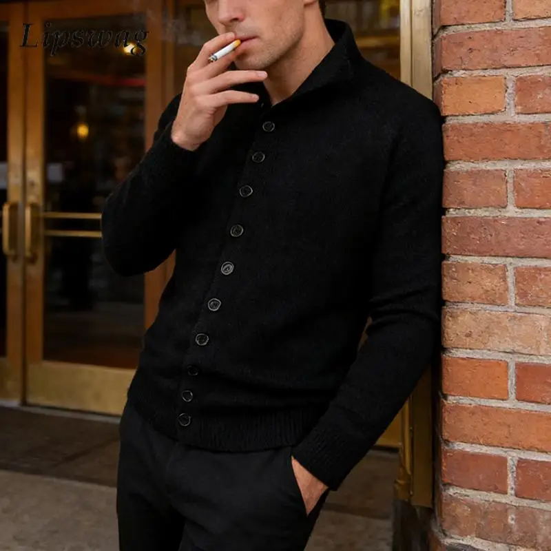 

Уличные повседневные мужские тонкие свитера, зимняя мода, однотонные вязаные куртки, пальто, мужские весенние модные свитера с воротником-стойкой на пуговицах