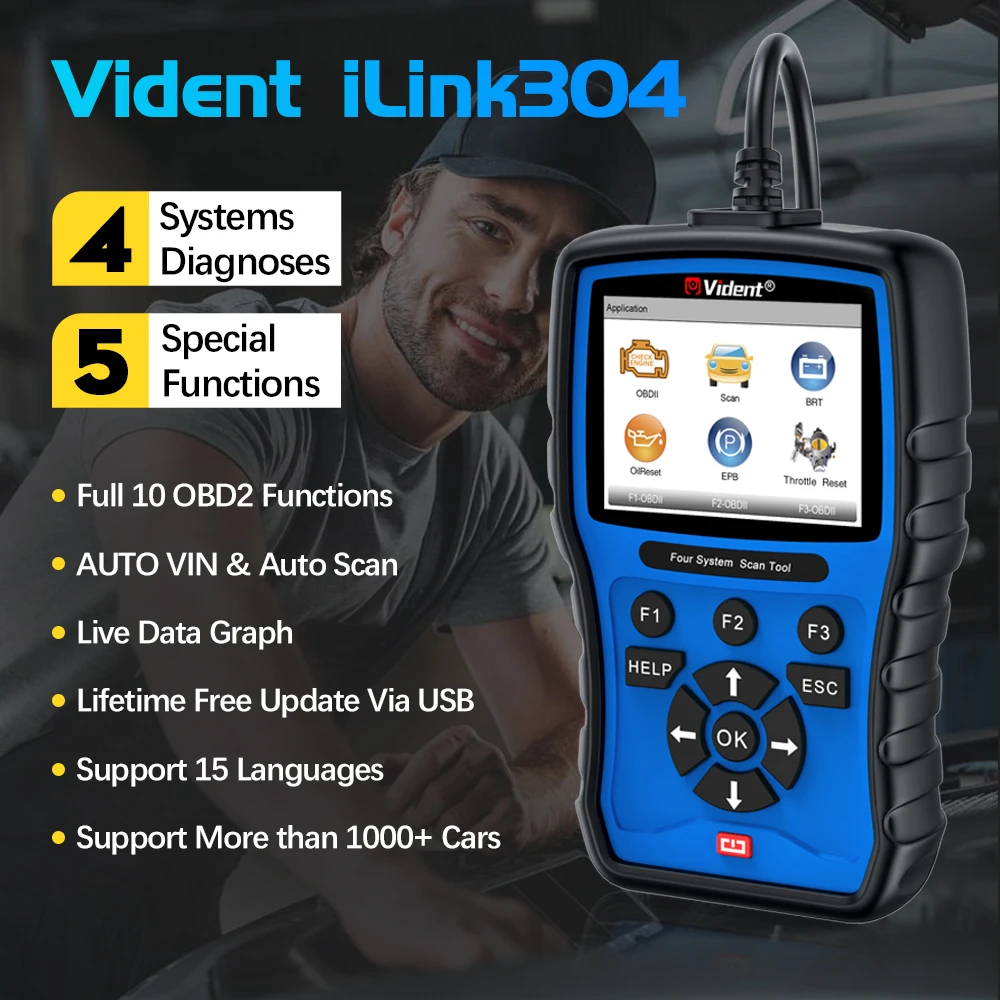 Vident iLink304 OBD2 Scanner Engine ABS SRS transmission 4 System Diagnostic BRT/Oli Reset/EPB/Throttle Reset/Steering Angle