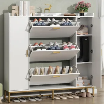 Image Shoe Cabinet for Entryway with 2 Adjustable Storage Shelf,Freestanding Tipping Bucket Shoe Rack Organizer with 3 Flip Drawers