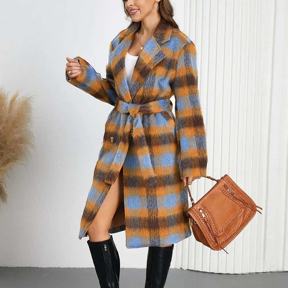 Women Fall Winter High Waisted Tie Color Blocked Plaid Long Jacket Elegant Coat