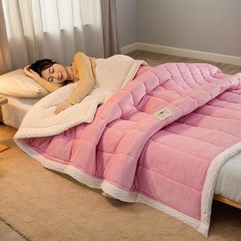 

Super Soft Warm Throw Blanket Three-Layer Thick Velvet Solid Color Bedspread Coral Fleece Home Throws Adult Bed Cover Winter