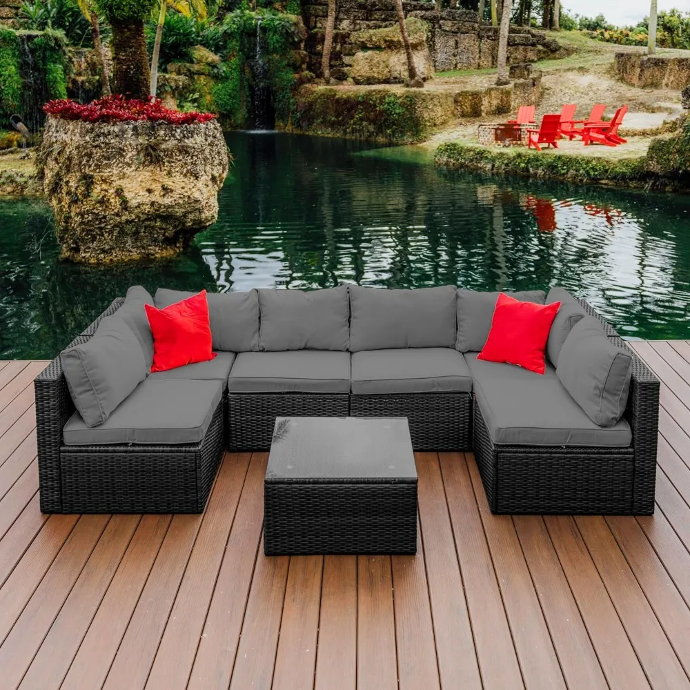 Garden Furniture Sets, 7 Piece Patio Furniture Sets, Patios Conversation Sets with Patios Sectional, Wicker Patio Furniture Sets