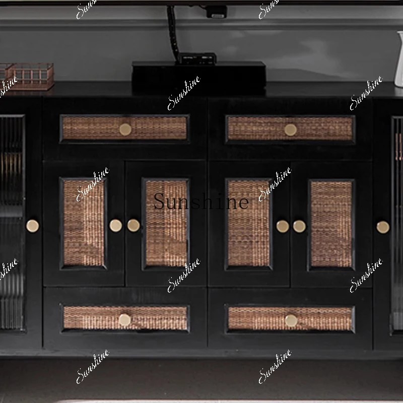 

French retro solid wood dining side cabinet rattan glass locker FT