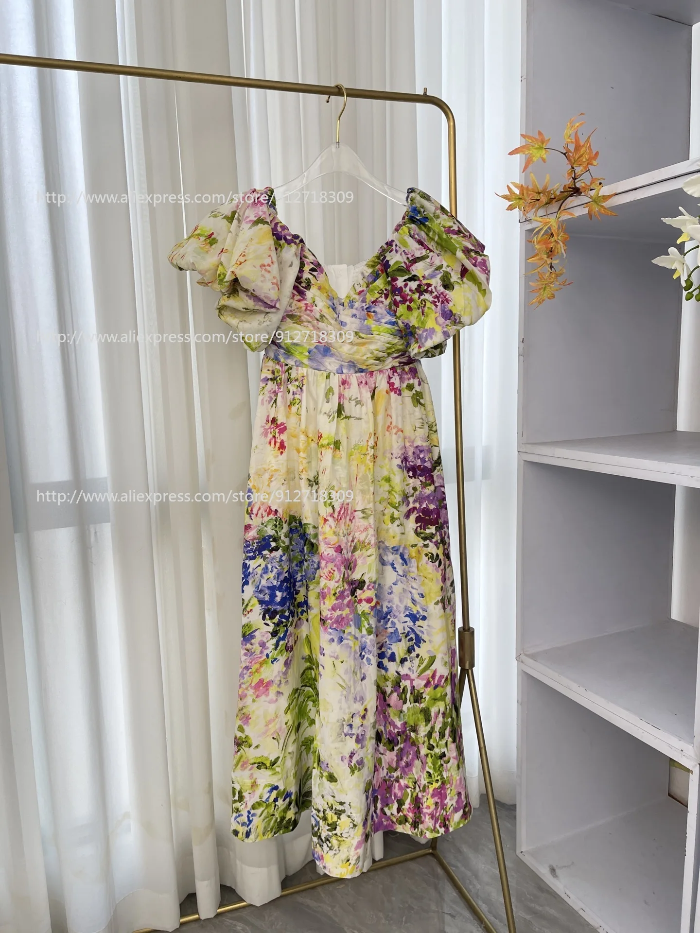 

2026 New Green Floral Print Pleat Off The Shoulder Short Sleeve Long Party Dresses