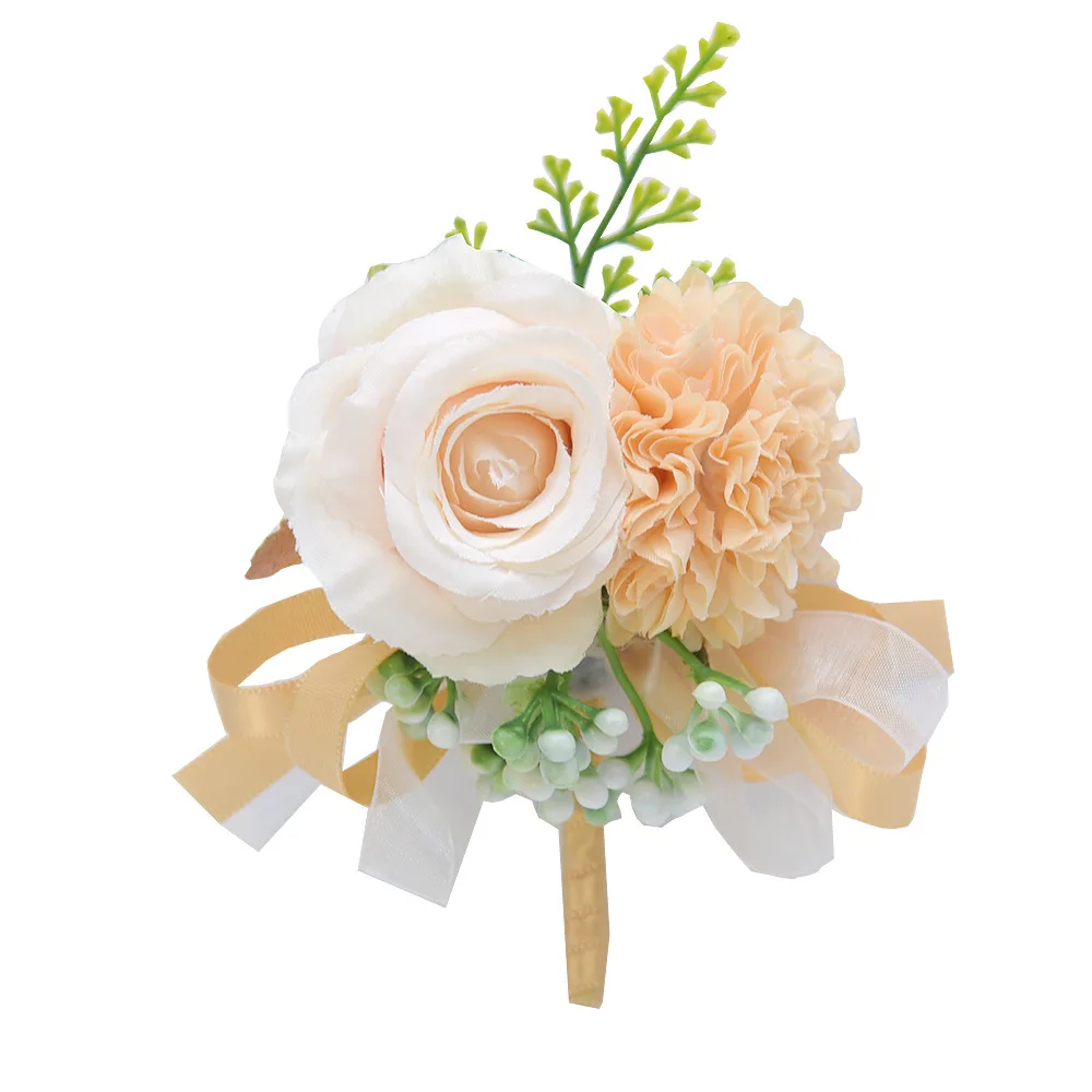 Conjunto de ramillete de muñeca de flor rosa para hombres, conjunto de ramillete Artificial hecho a mano, flor de mano de novia, Boutonniere para boda Par