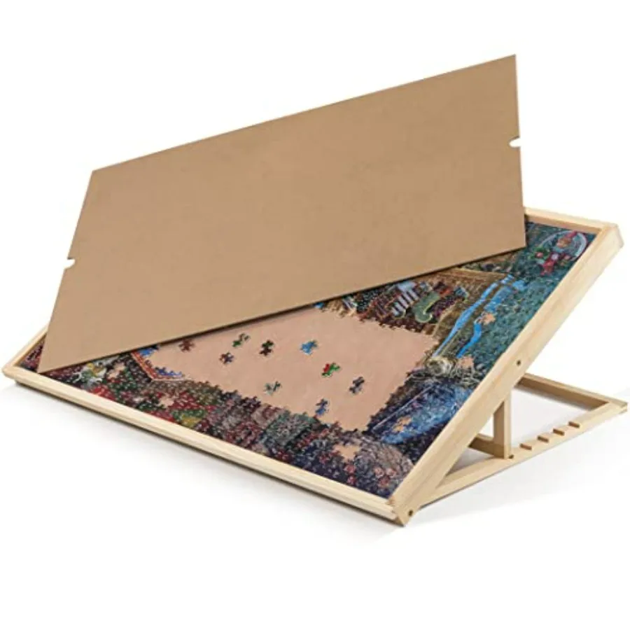 

1000 Piece Tilting Jigsaw Puzzle Board for home use, wood cover, natural wood color, adjustable angle with built-in easel and n