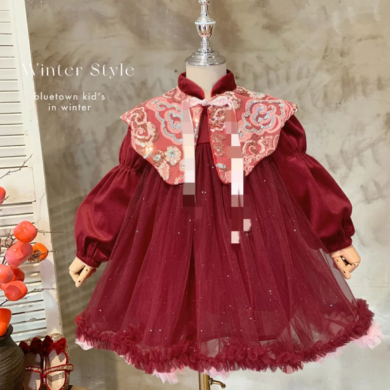 Mädchen Winter Pailletten Cloud Shoulder Neujahrskleid Prinzessin Gown2025Neues, mit Fleece gefüttertes, trendiges Mesh-Kleid-Set für Mädchen
