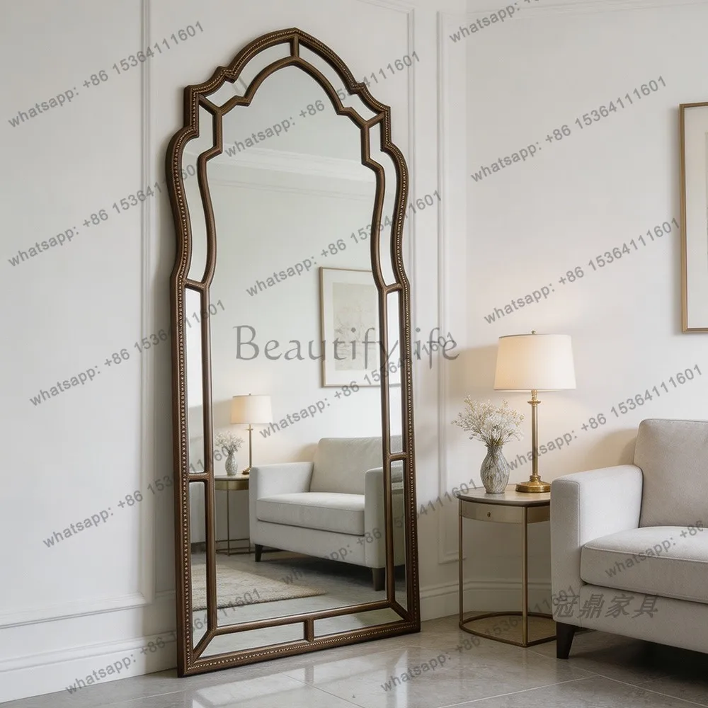 YJ French Retro Mid‑Century Full‑Length Mirror American Luxury Irregular Wall Mount Unit For Bedroom Dressing Decor