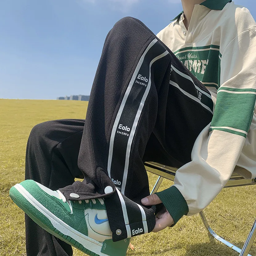 

Мужские спортивные брюки прямого кроя с полосатым плетеным поясом, свободные, модные, со средней посадкой, весна-осень, от модного бренда