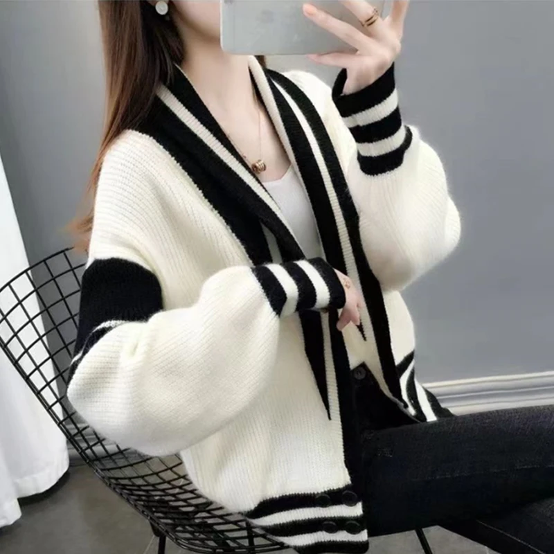 Patchwork Sweater Women Knitted Loose Elegant Black White Fashion Cardigan Lazy Strip V-neck Long Sleevekorean Female Jumpers