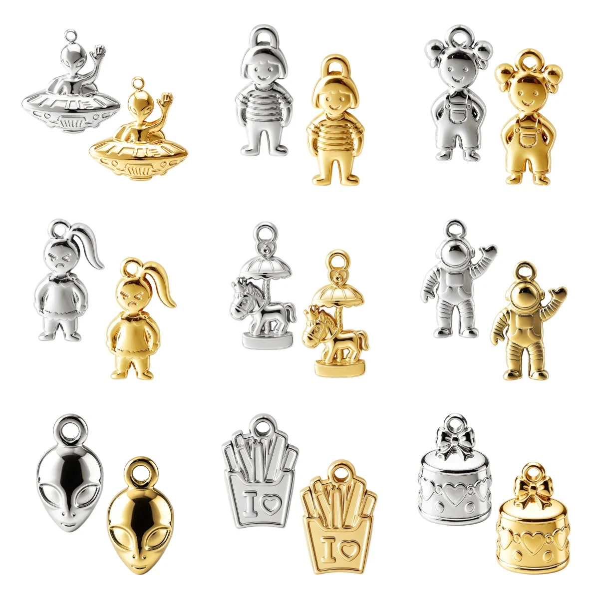 6pcs Kids Galaxy Robot Rocket Alien Charms Stainless Steel Cake Chips Snack Carousel Pendant For Jewelry Making Necklace Earring