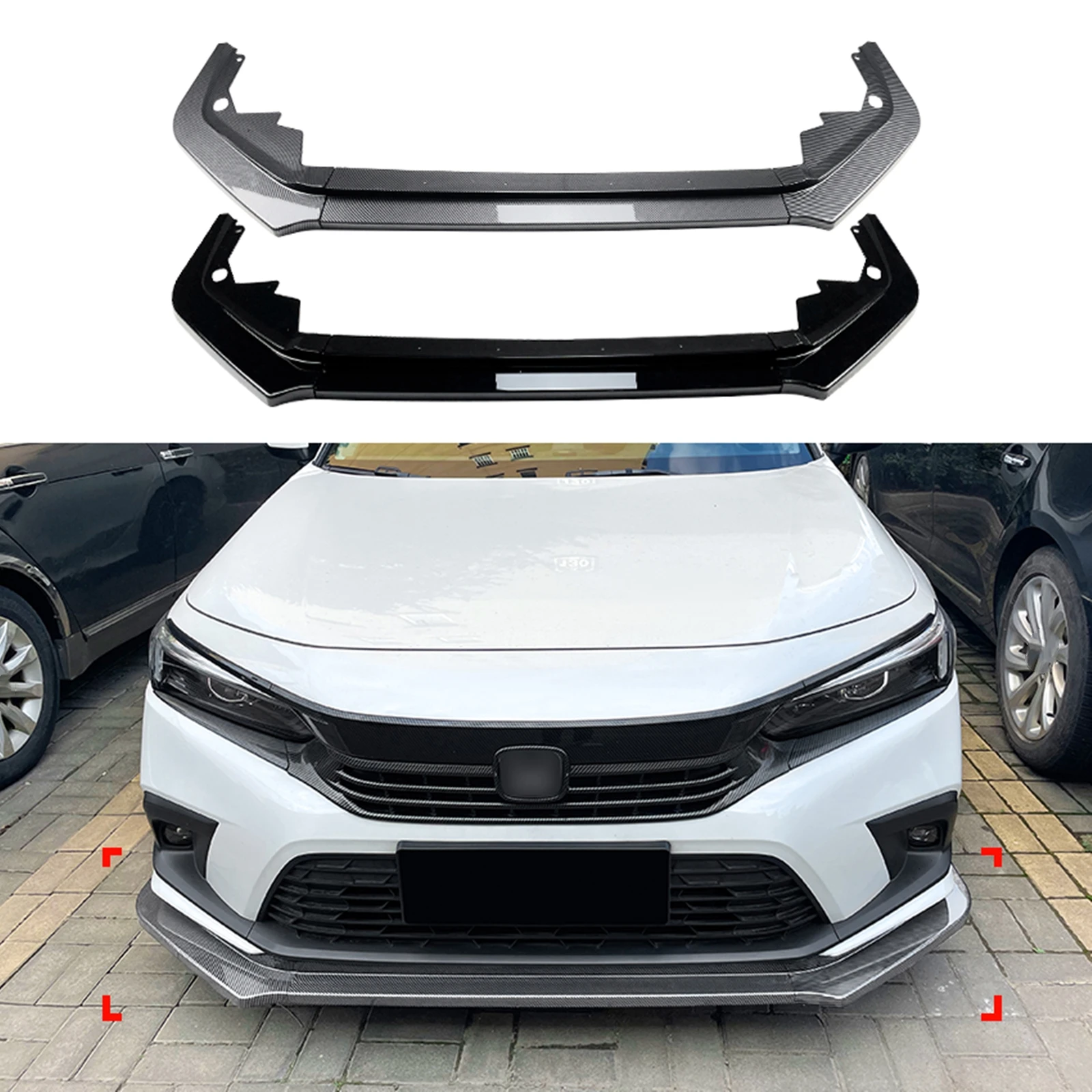 

Front Bumper Spoiler Lip For Honda Civic 11th All Models 2021 2022 2023 2024 4-Door Carbon Fiber Look/Gloss Black Lower Splitter