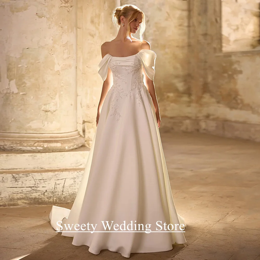

Elegant Wedding Dress Off The Shoulder Customized Scoop Neck Sequined Applique A Line Sweep Train Corset Bridal Gown