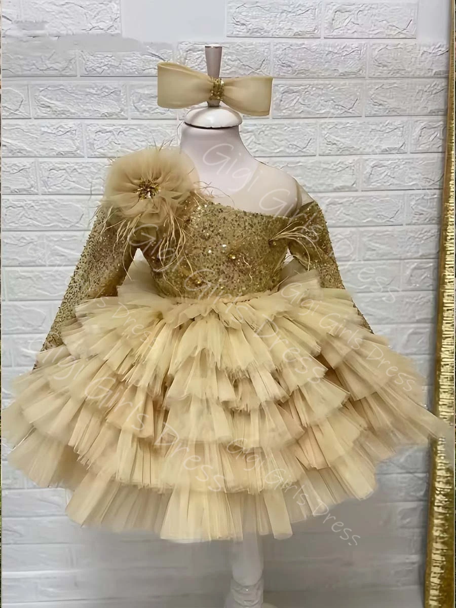 Abito da ragazza di fiore per bambini personalizzato maniche lunghe con paillettes in rilievo fiocco a strati abito da principessa in tulle abito da compleanno al ginocchio personalizzato