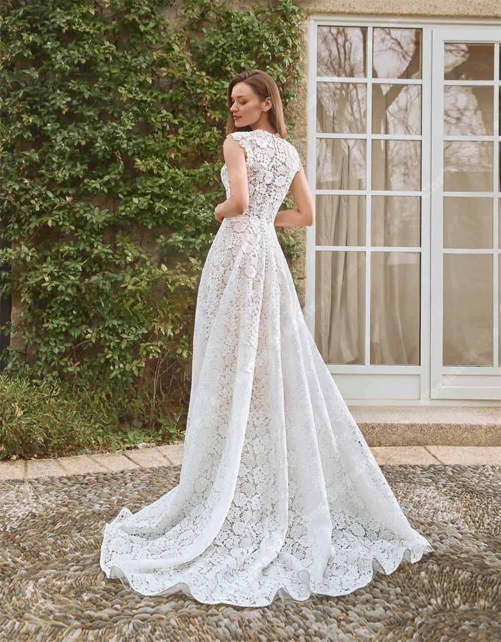 فساتين زفاف نسائية عالية الجودة بياقة دائرية مزينة بالدانتيل فساتين زفاف مأدبة Vestidos De Novias طول الأرض حسب الطلب #4