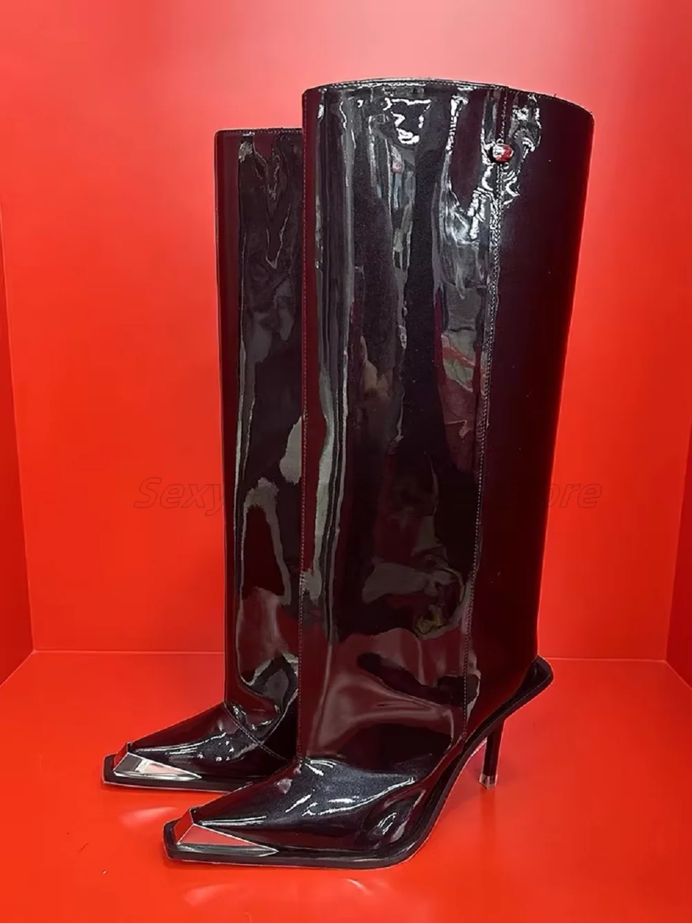 

New High-Heeled Metal Pointed Loose Straight Leg Boots, One Foot Long Boots, Cross-Border Plus Size Black Knight Boots