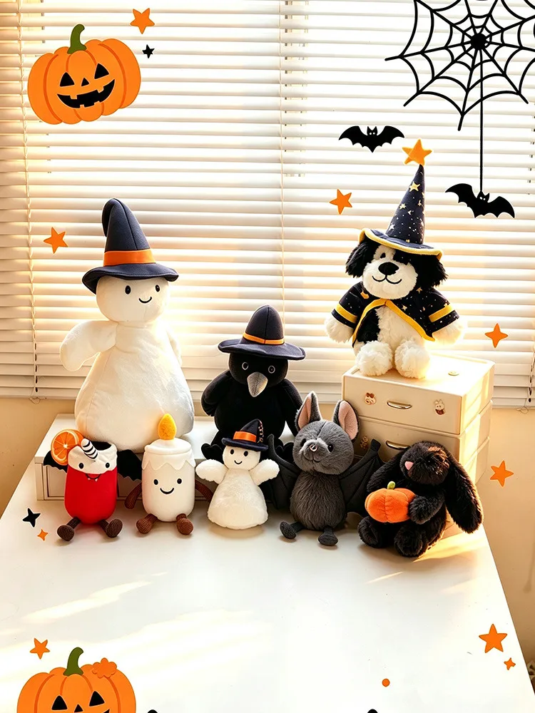 Halloween-Serie Plüschpuppe Cartoon-Zauberer Pirat Hund Kürbis Hase Krähe mit Hut Geist Stofftier Spielzeug Heimdekoration