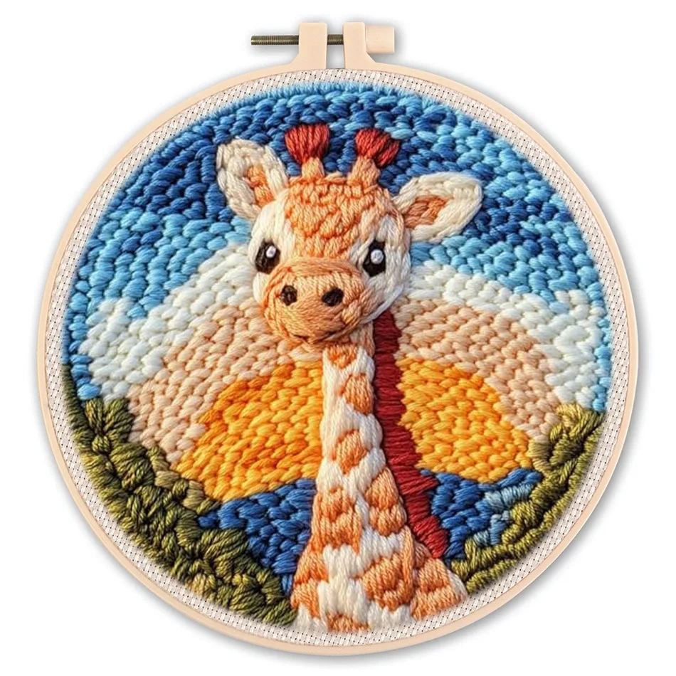 

DIY Punch Needle Kits for Beginners Cute Animal with Hoop Embroidery Punch Needle Starter Craft Set Giraffe Festival Gift
