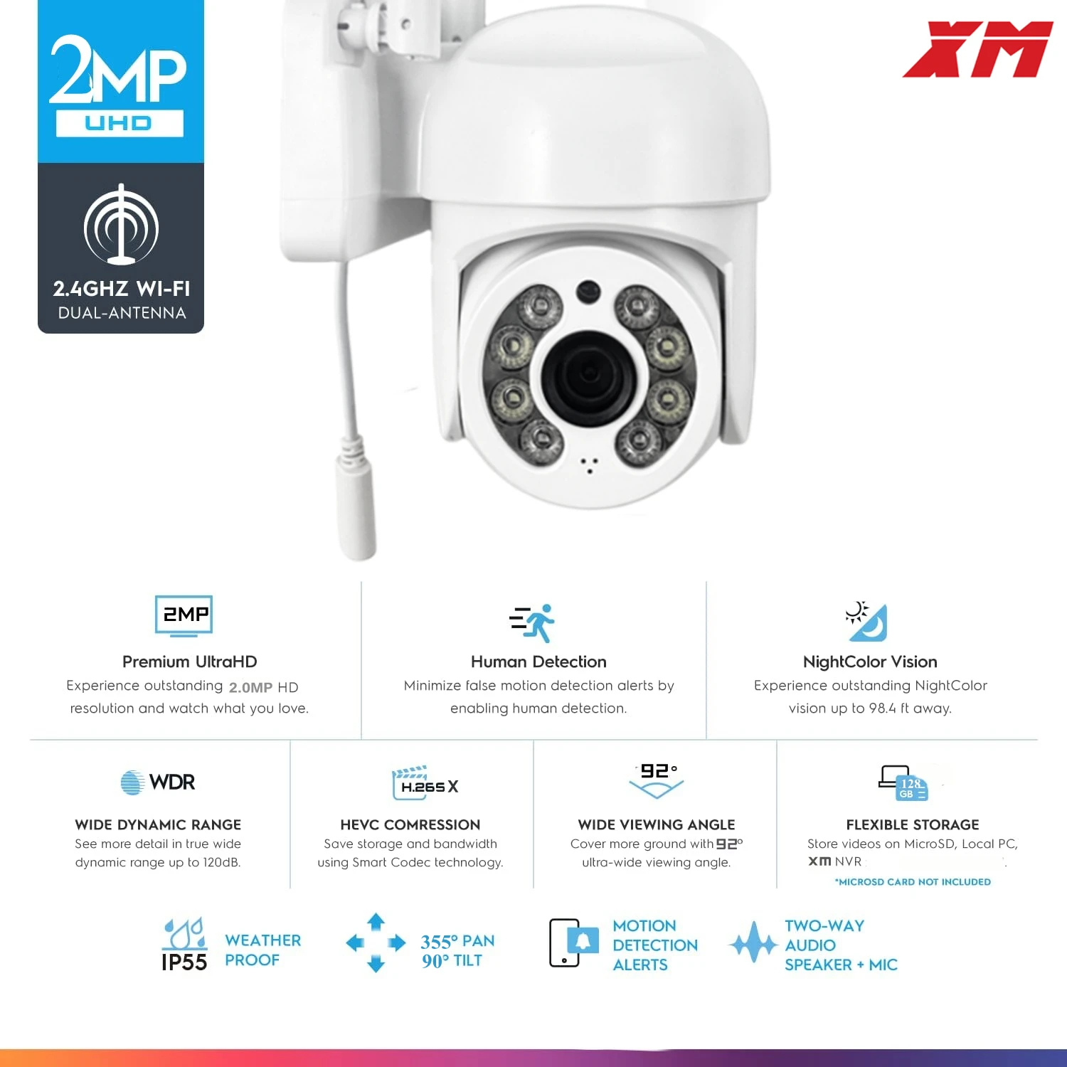 

XM 2.0MP Wireless PTZ IP Camera Outdoor Wifi CMOS Night Vision H265 PTZ IR Security Camera Human Motion Detection Home Security