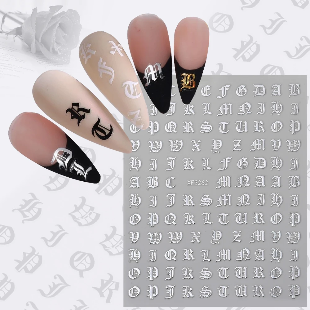 8 stks/set Gothic Letter Nail Art Stickers Holografisch Alfabet Ontwerp Nail Decal Lijm Hoofdletters Letter Nail Wraps Nail Decor *