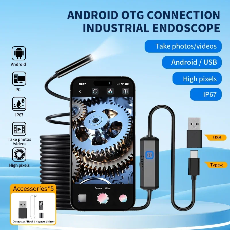 

USB Endoscope for OTG For HW/Android Phone 8mm Borescope Inspection Snake Camera IP67 Waterproof with 6 LED Lights For Type C