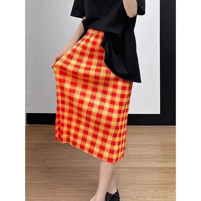 Miyake 2024 Summer New Fashion Half Skirt Checked Children's High End Mid Length Versatile Simple Half Skirt