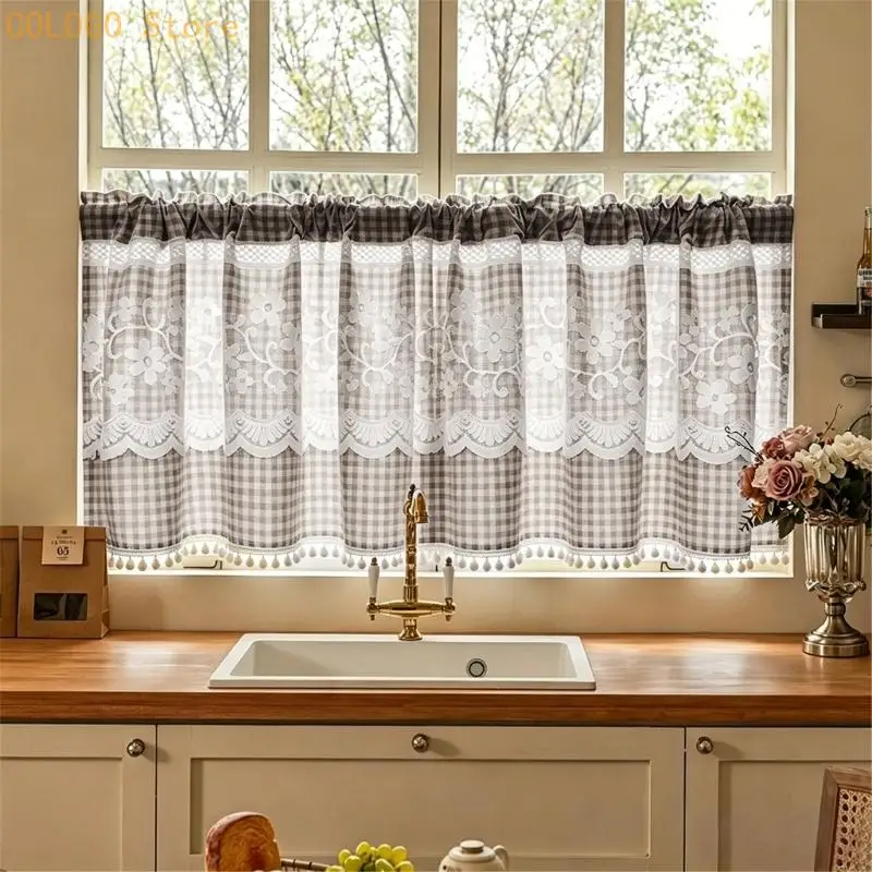 Kitchen Short Curtain Panel with Rod Pocket, Light Filtering Polyester and Gingham Trim for Bath