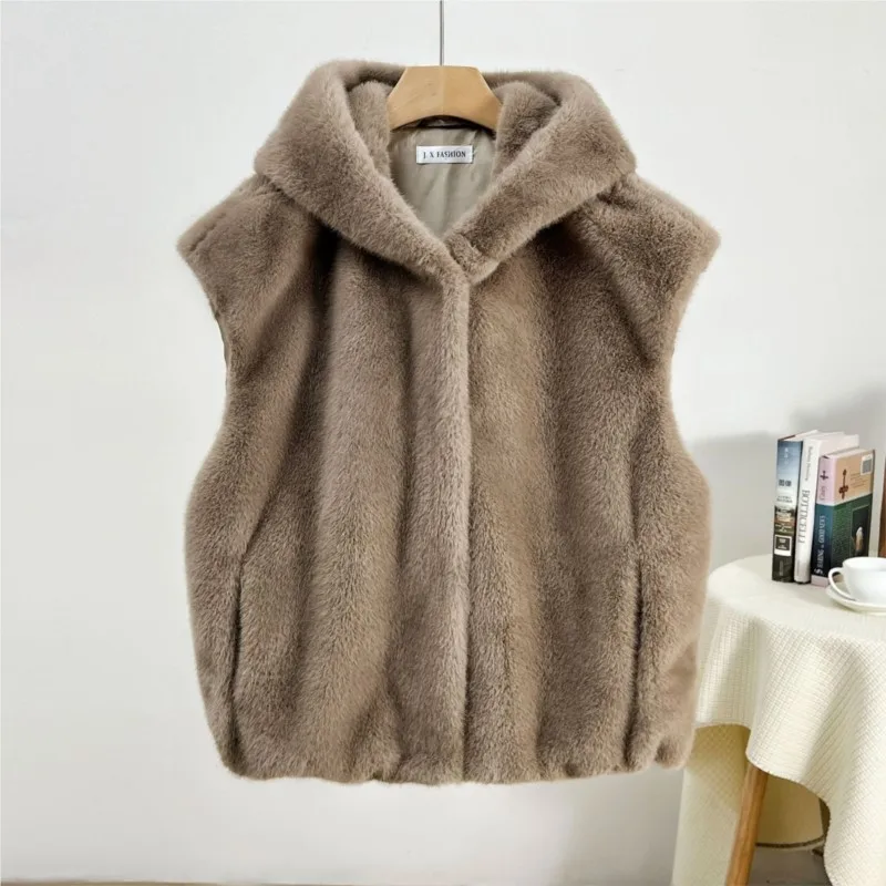 Met capuchon namaakbont korte vest jas dames 2025, nieuwe herfst winter revers mouwloze harige jassen dikke warme faux nertsen pluche overjassen