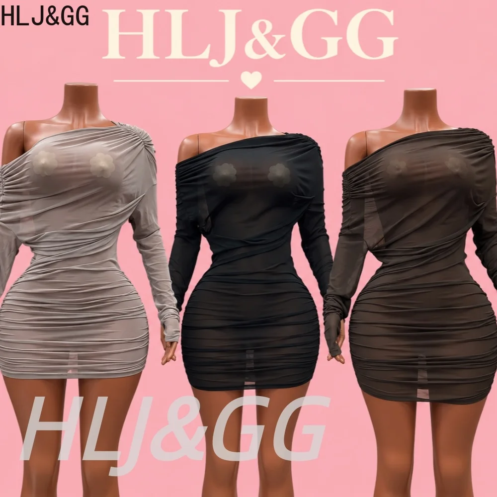 HLJ&GG Women Off Shoulder Sheer Mesh Mini Dress Long Sleeve Ruched Bodycon Vestidos See Through Sexy Club Night Out Party Dress