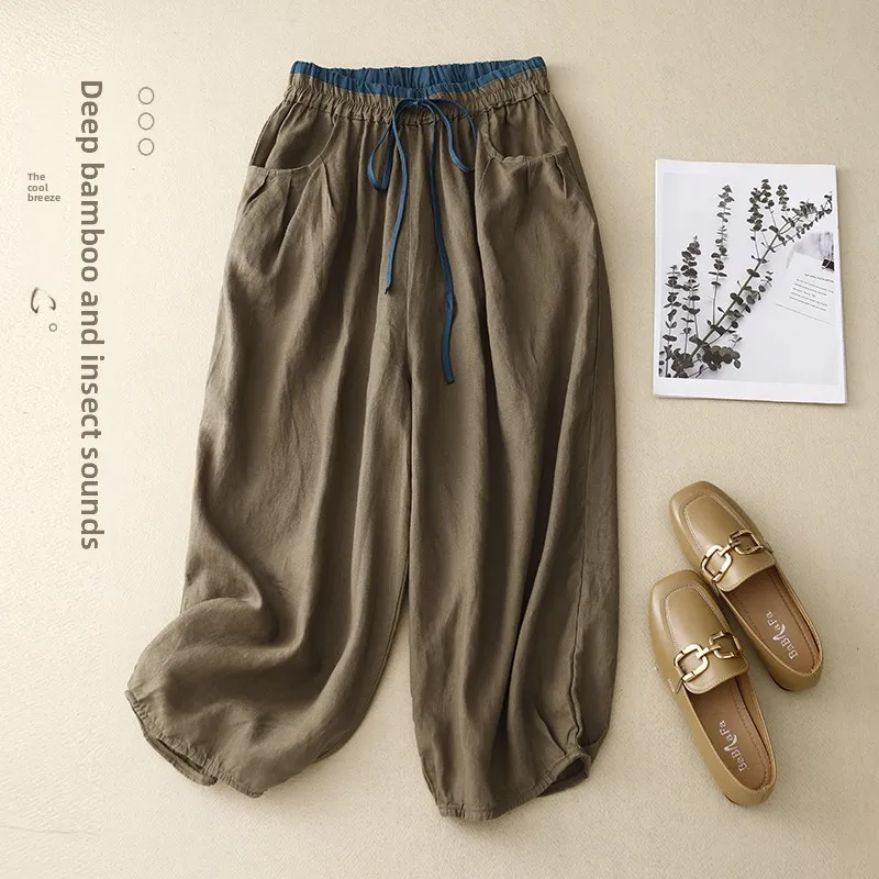 Solto tamanho grande calças harém femininas algodão linho cintura alta nove pontos lanterna calças casuais marca tag removido