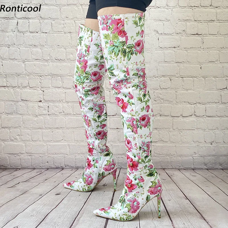 

Ronticool New Women Winter Thigh Boots Sexy Rivets Printed Floral Stiletto Heels Pointed Toe White Club Shoes Us Size 5-15