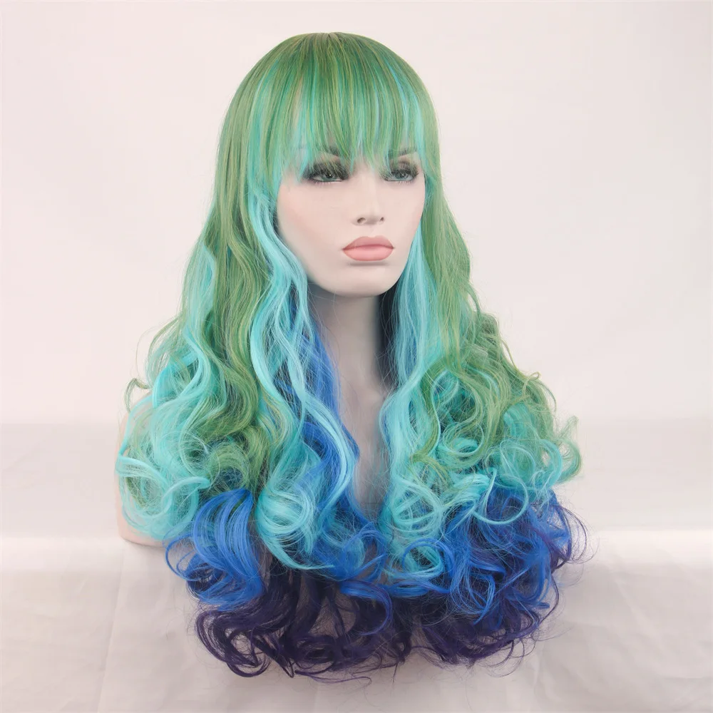 المرأة الأوروبية والأمريكية شعر مستعار كامل الرأس شعر مستعار اصطناعي مجعد لوليتا شعر مستعار ملون الانفجارات موجات كبيرة خضراء