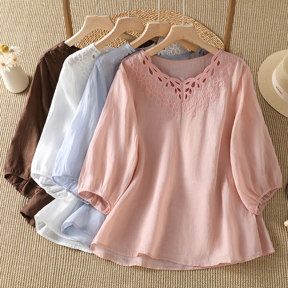 

Women's plus Size Summer New Hollow out Embroidery Cotton Linen Base Shirt Thin Belly Covering T-Shirt Commute Style Artistic