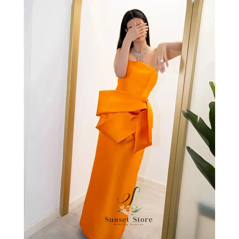 Customized Orange Sleeveless Floor Lenght Pleat Evening Dress Satin Straight Strapless Special Occasion Prom Dresses Elegant Wom