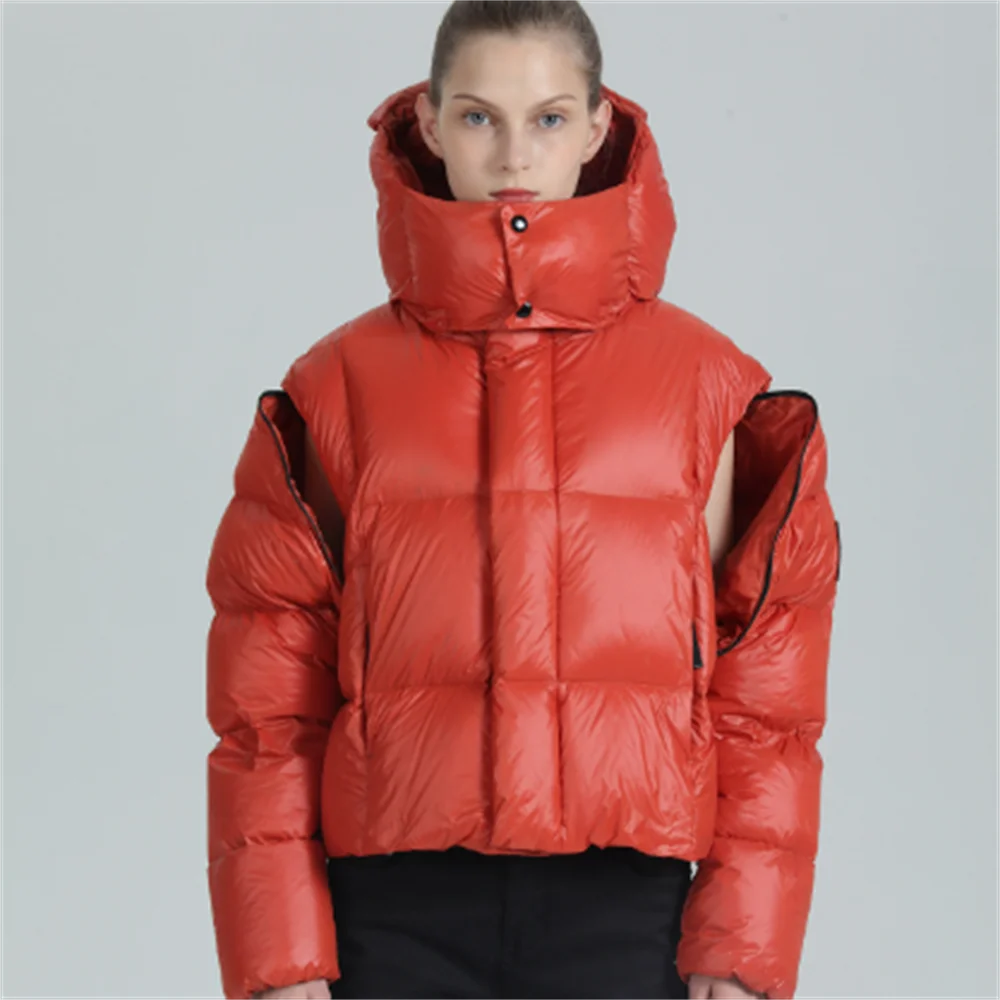 

Loose size short down jacket zipper long sleeved hooded outdoor windproof jacket