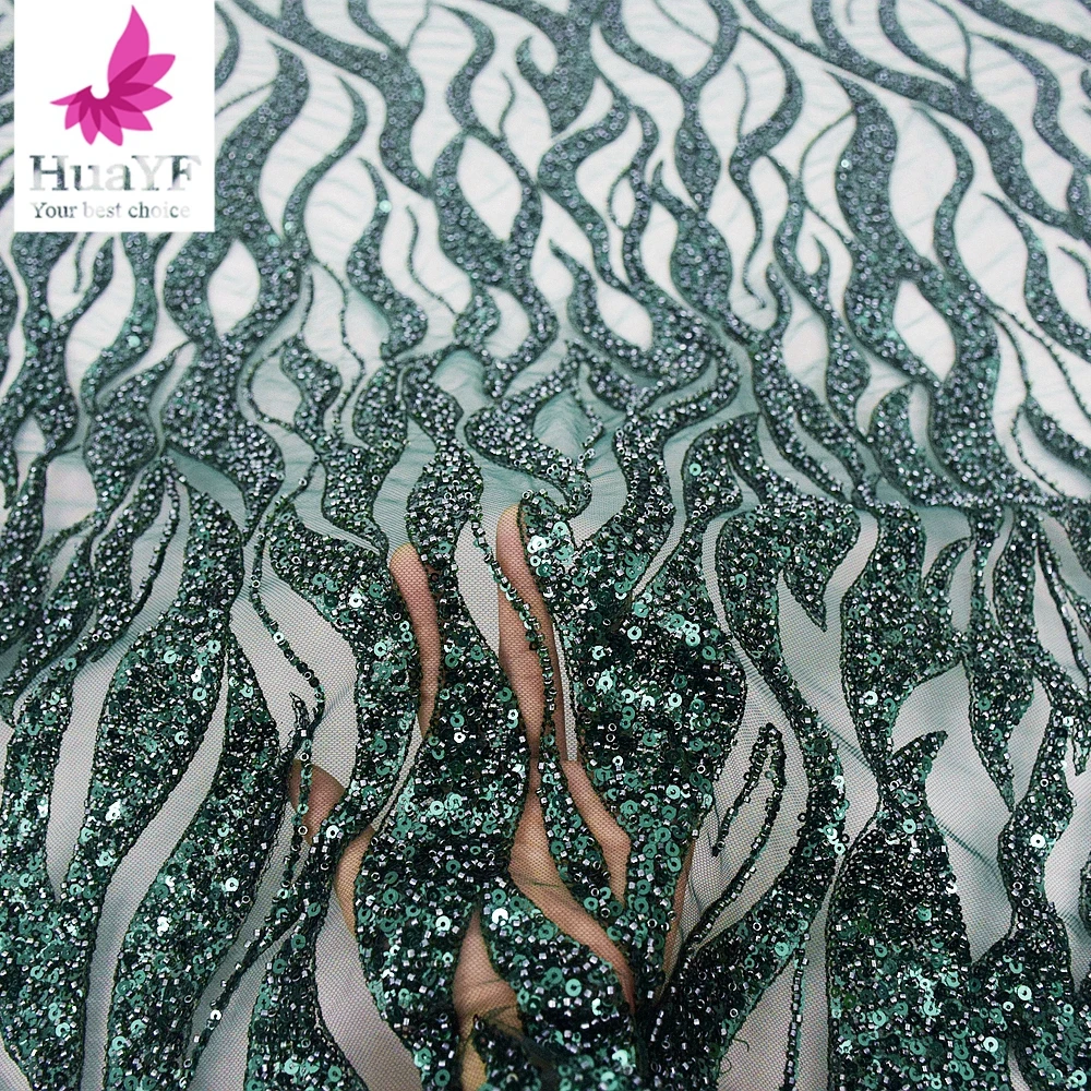 High Quality Shiny Sequin Beaded Lace Fabric Embroidery Wholesale African Tulle Evening Dress Fabric 1 Yard HY1613