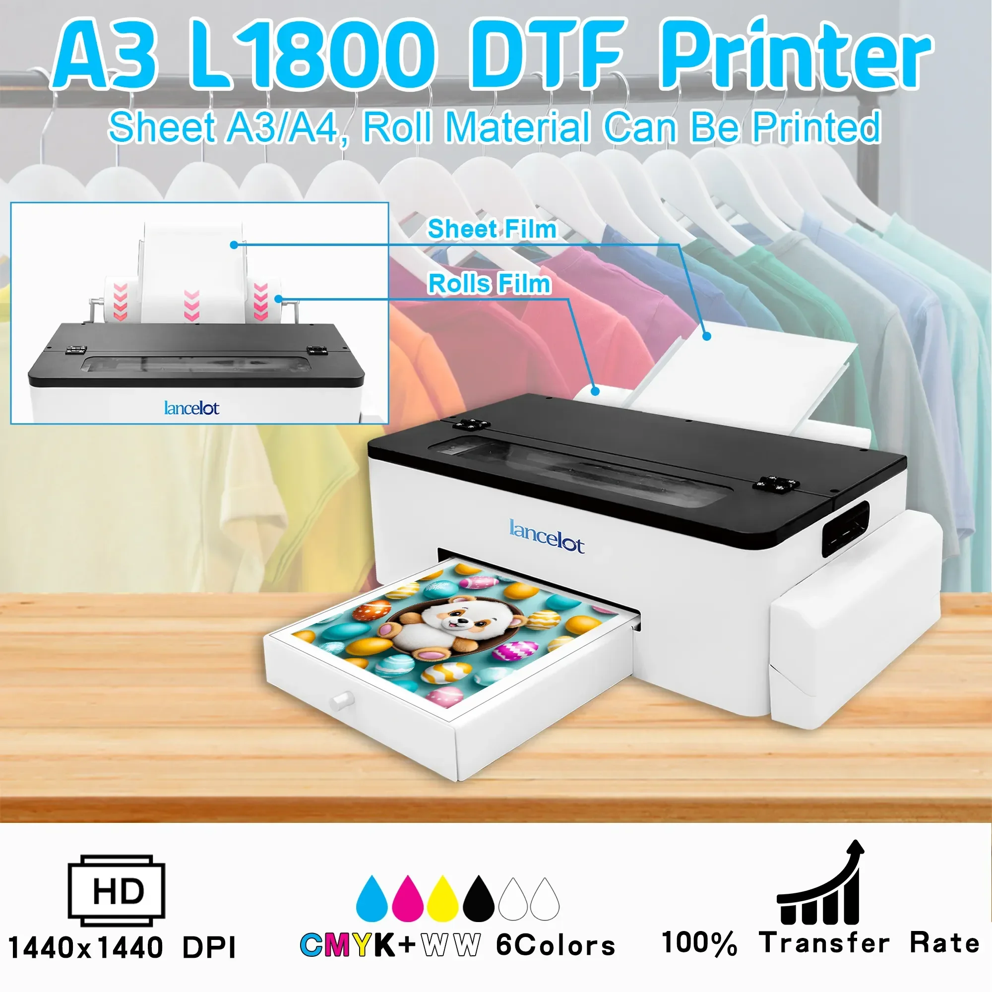 LQ LANCELOT L1800 A3 Size Inkjet Printer New White Ink Circulation System Heat Transfer Roll PET Film DTF Printer