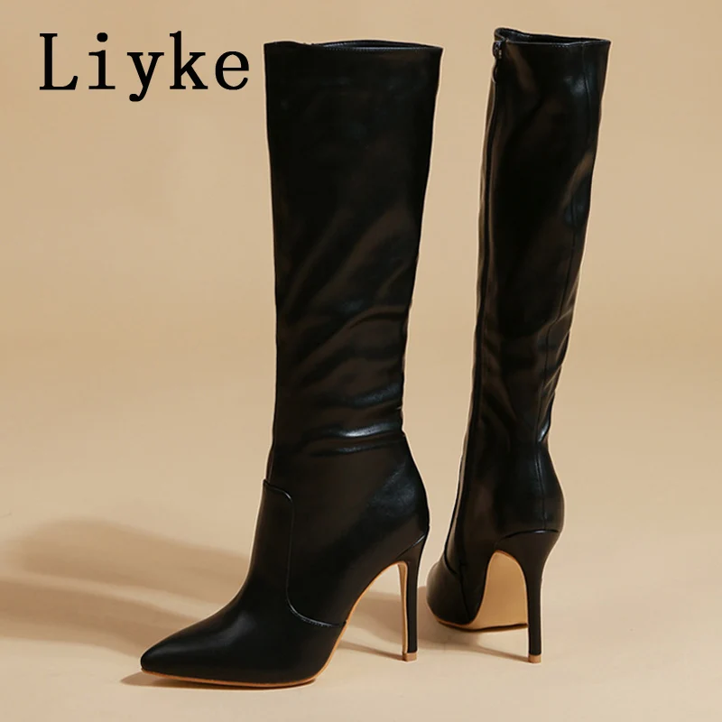 Liyke 2024 Sexy Pointed Toe Pole Dance Stiletto Heels Knee High Boots Fashion Zip Black White Women Long Shoes Botas Altas Mujer