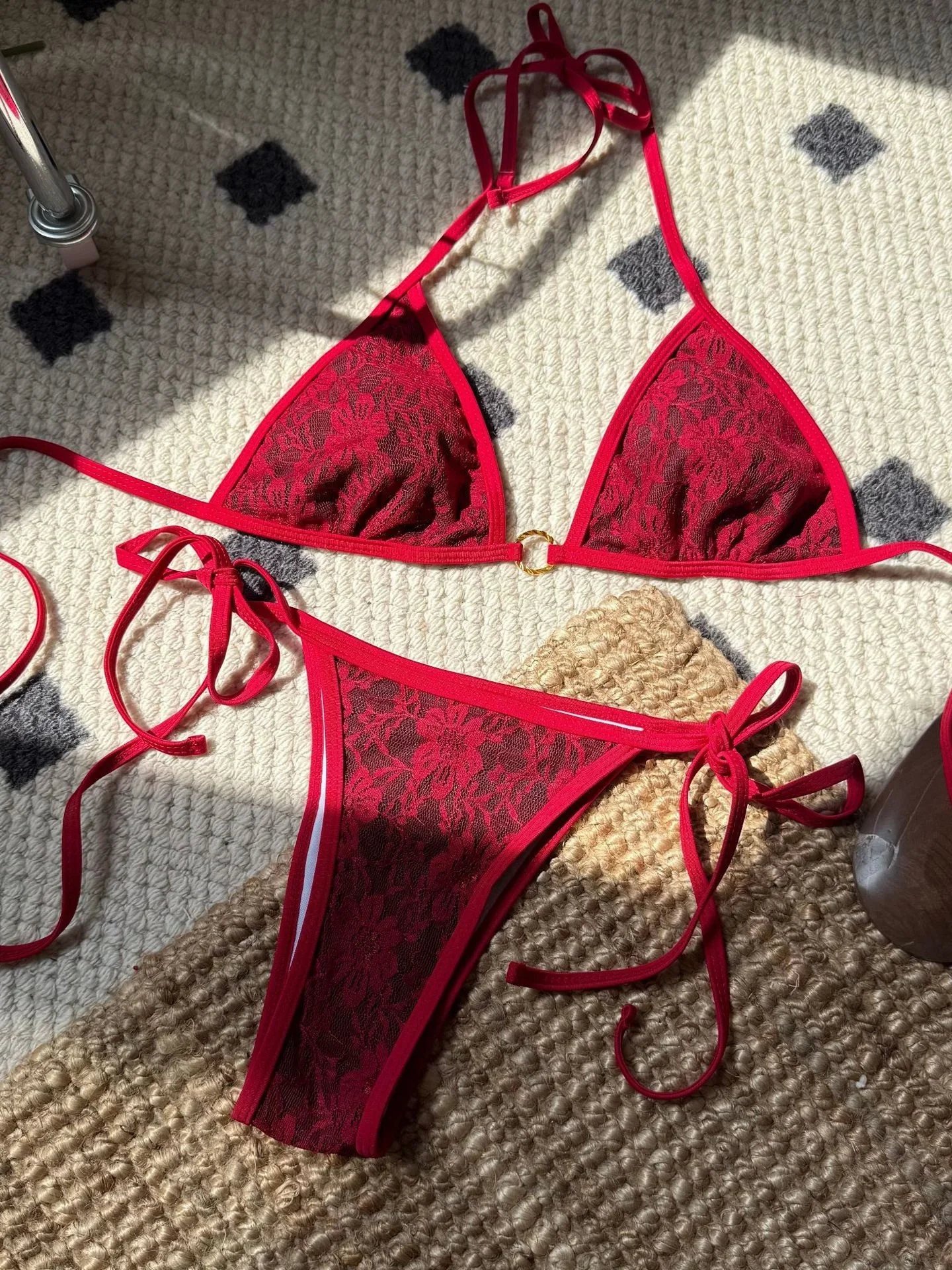 

Sexy Red Lace Bikini Set 2025 Women Metal Ring Mesh Push Up Micro Swimsuit Brazilian Beach Bathing Suit Tie Side Thong Swimwear