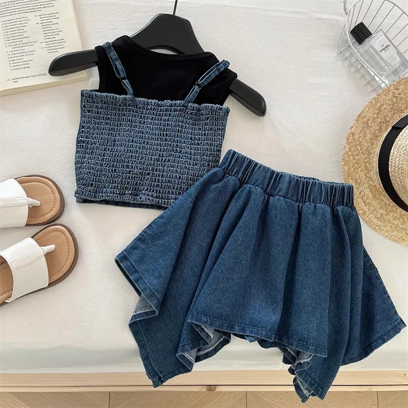 

TOY-Summer Girls' Vest Inner Fashion Set2025Trendy Little Girl Irregular Denim Skirt Three-Piece Set