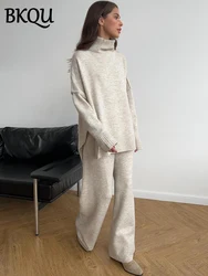 BKQU Casual Knit Two Piece Sets Women Split Turtleneck Long Sleeve Sweater Wide Legs Pants Suit Female Loose Winter Loungewear