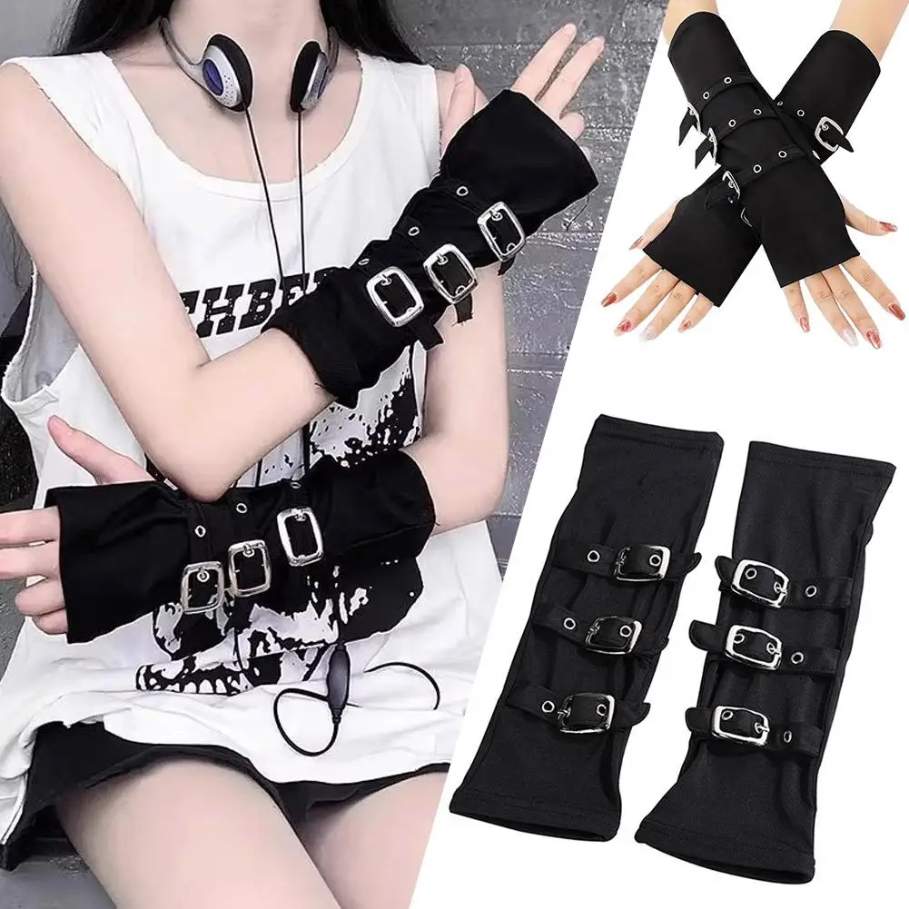New Gothic Punk Style Metal Buckle Half Finger Gloves Lolita Cosplay Women Sun Protection Elasticity Arm Sleeves