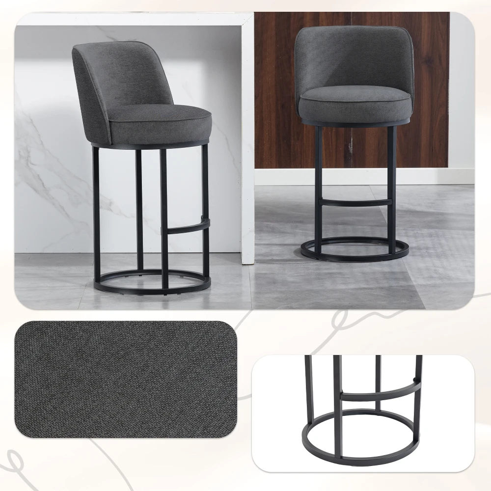 Orraves Counter Height Bar Stools Set of 2, Modern Barrel Counter Stools with Backrest, Linen Fabric Upholstered Accent Bar Stools for Kitchen Island
